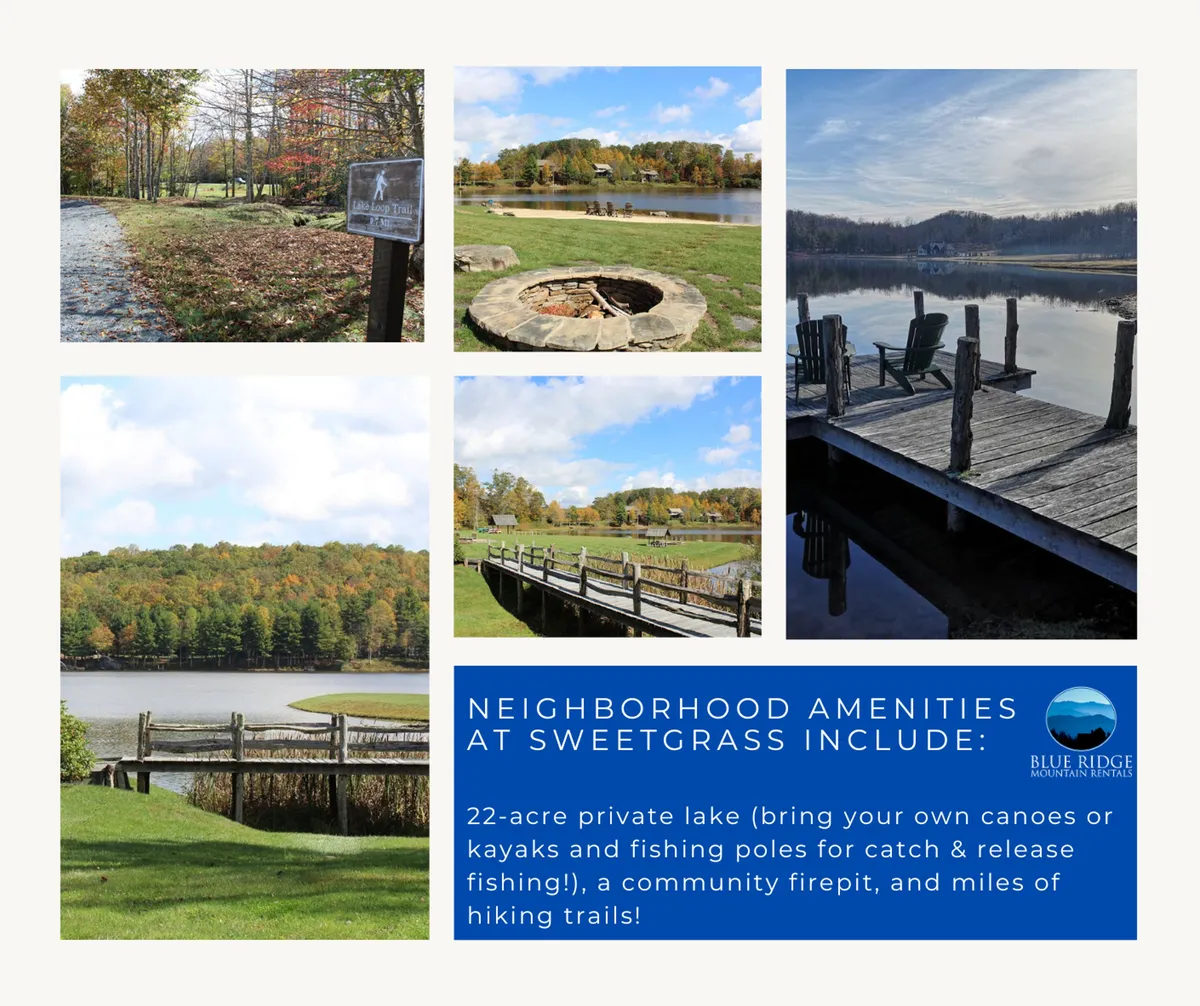 A scene showcasing the private 22-acre lake with a wooden dock, nearby hiking trails, and a community firepit. Activities like canoeing, kayaking, and fishing are evident, all set against a backdrop of sunset views and tranquil waters.